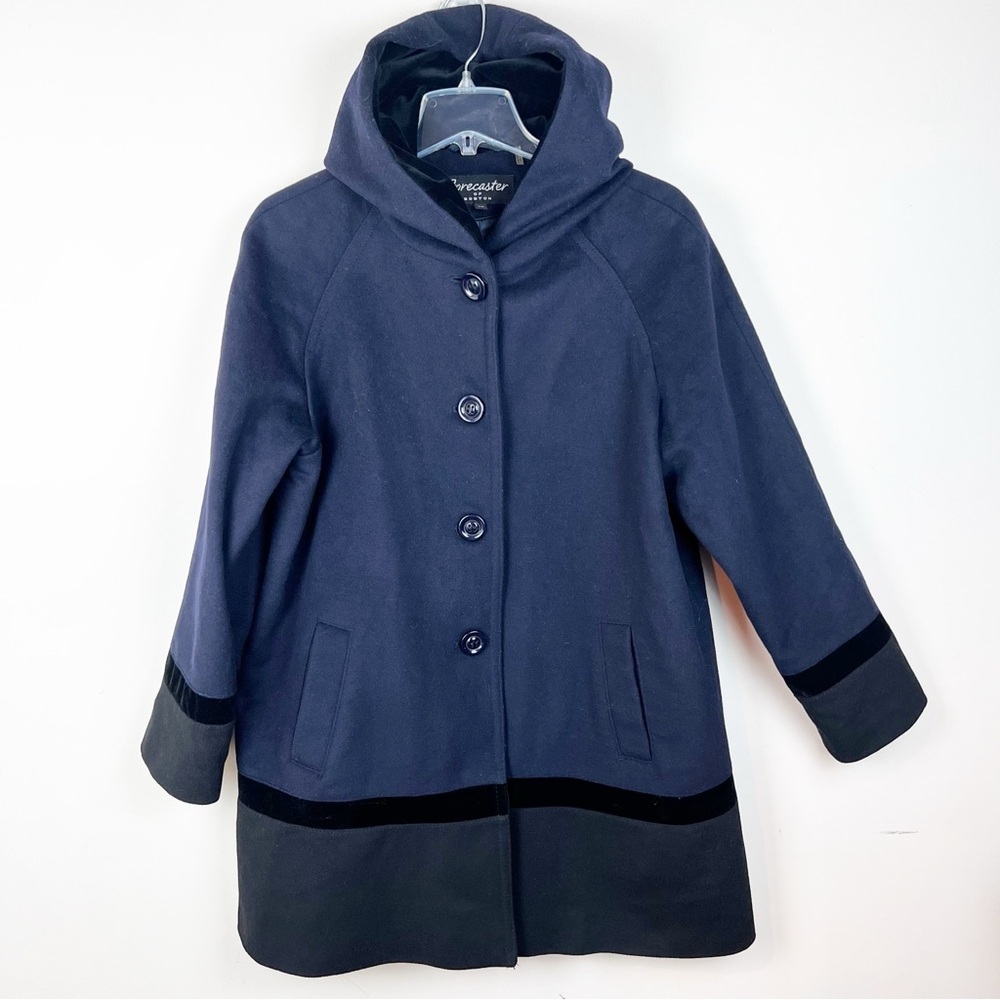Forecaster Lambswool Navy Blue Coat 16 Black Velvet Hooded Pockets Colorblock